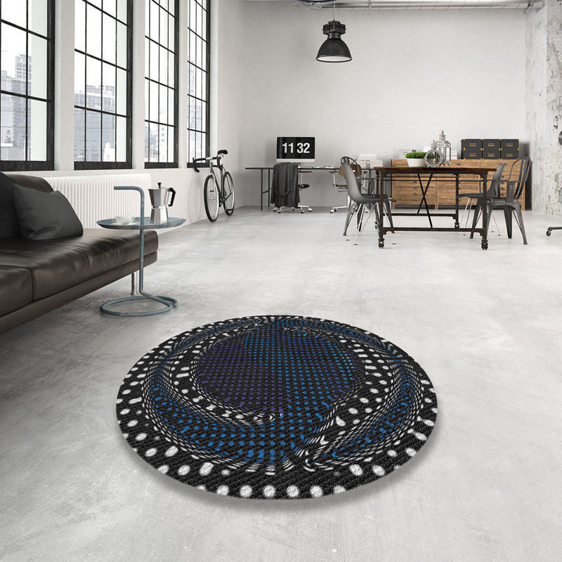 Tapis noir/bleu à motifs, Rond 3 pi