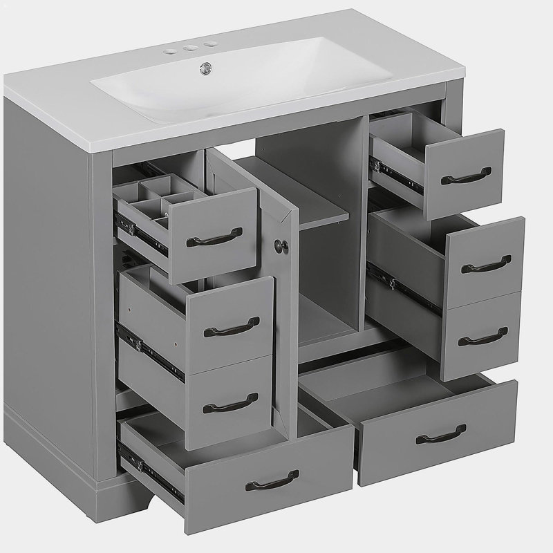 Ensemble de meuble-lavabo de 36 pouces, six tiroirs, séparateurs de tiroirs multifonctionnels, tablettes réglables, Gris