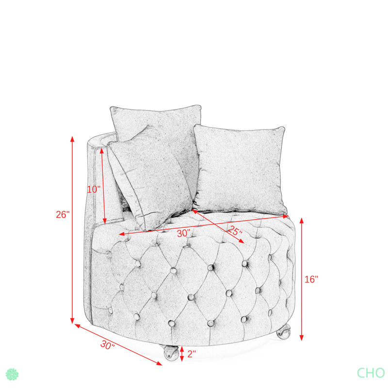 Fauteuil pivotant en velours rembourré pour le salon, avec capitonnage à boutons et roues mobiles, comprenant 3 coussins
