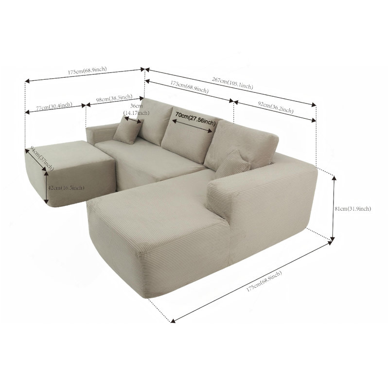 105.7"Cloud Sectional Couch With U-Shaped Chaise,Modern Modular Sofa With Deep Seat, Upholstered Couches For Living Room Bedroom,No Assembly Required,(Corduroy Fabric),Camel