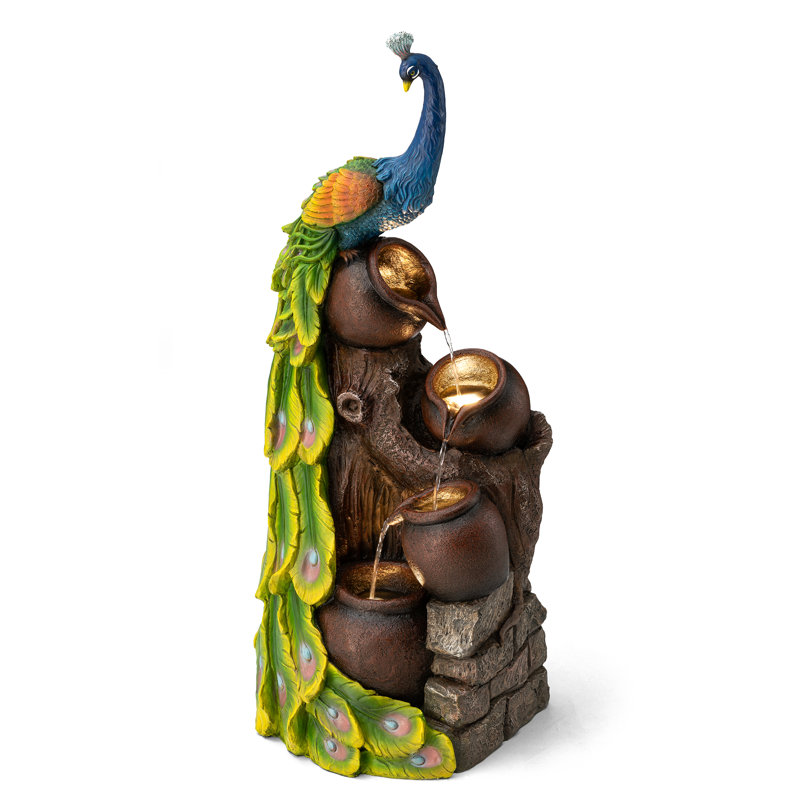 40"H Oversized Peacock & Jars Floor Fountain, 4-Tier Outdoor Water Feature with LED Lights, Polyresin, With Remote