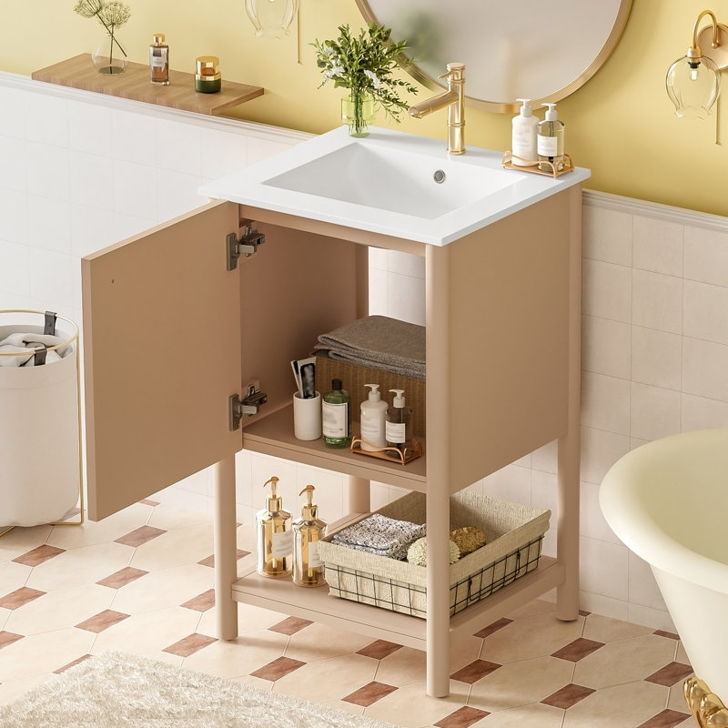 Ensemble de meuble-lavabo simple autoportant de 20 pouces avec lavabo en céramique et porte à fermeture douce, style français pour un décor de salle de bain élégant