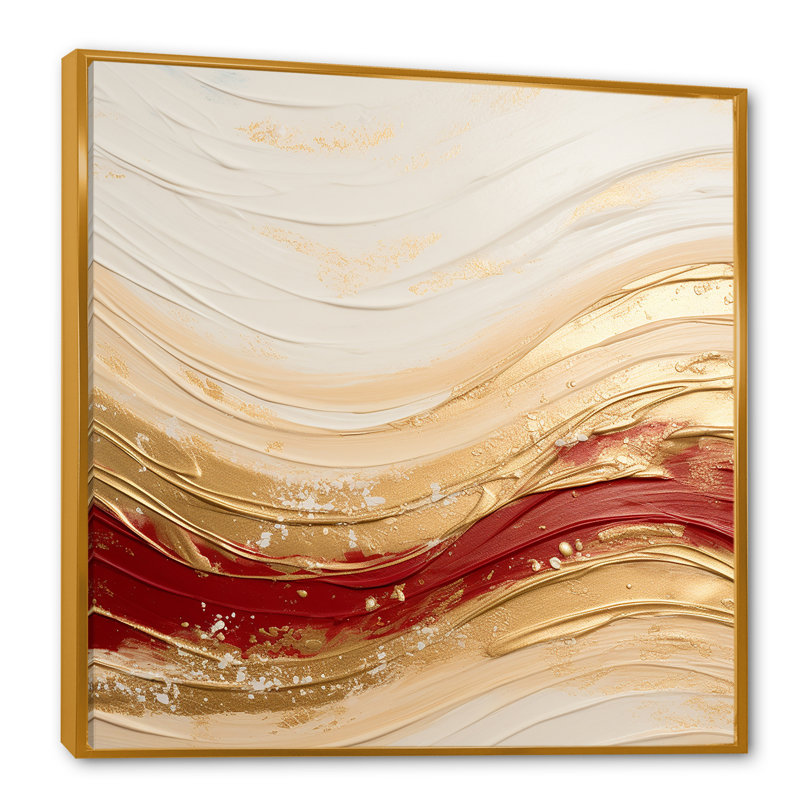 «Gold and Red Soft Wave Fusion», impression sur toile abstraite, Cadre flottant doré, H 36 po x l 36 po x P 1,5 po