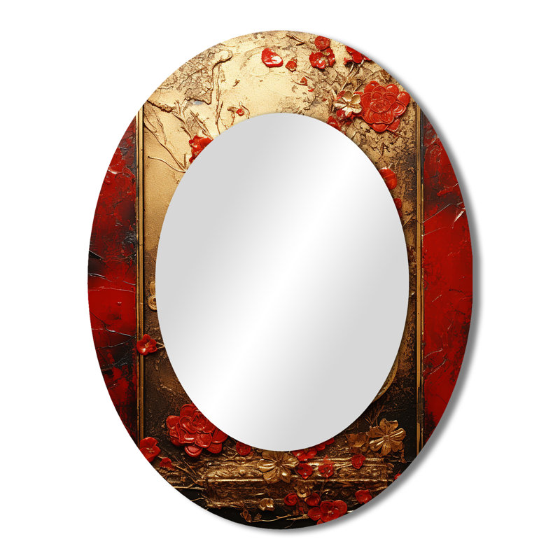 God And Red Floral Japanese Tiles III - Gold Oval Wall Mirror Decor, 43" H x 33" W