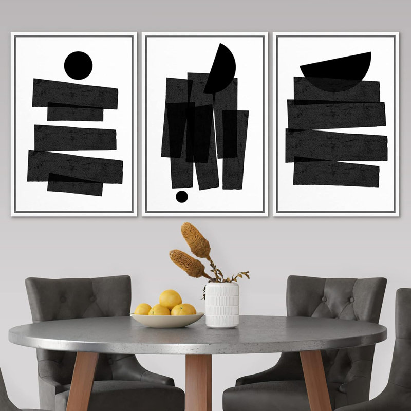 «Cercles et lignes unies, formes abstraites, art moderne contemporain, noir et blanc, art dramatique» - 3 pièces, Blanc