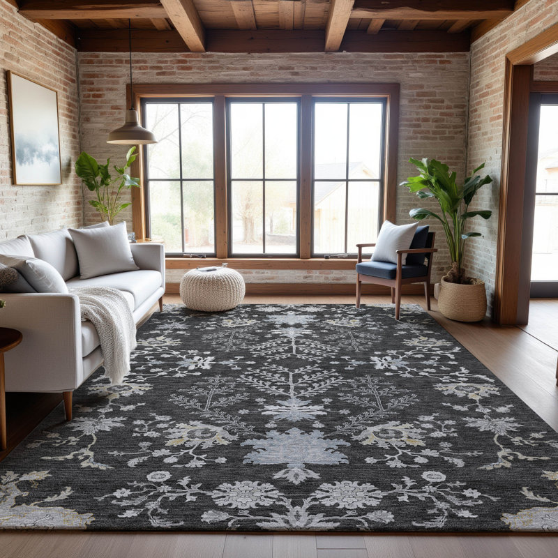 Premium Machine Washable Gurubaksh AMF1156 Floral Rug, Rectangle 5' x 7'6"
