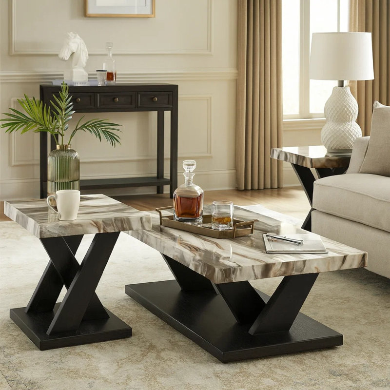 Ensemble de table basse et de table de bout 3 pièces Usim, plateau en faux marbre blanc, base en X noir