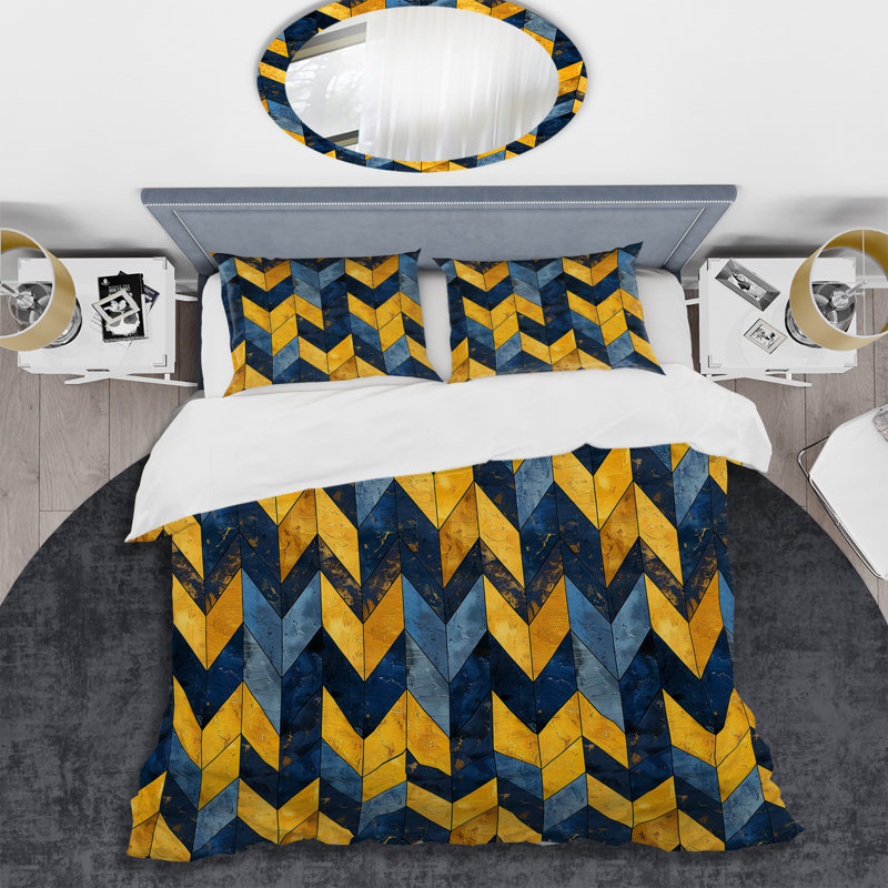 Ensemble de housse de couette moderne bleu et jaune à motif de chevrons glamour II