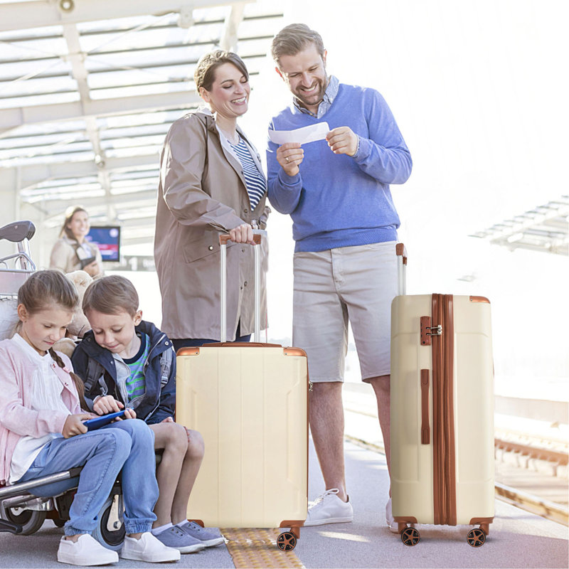 Valise rigide, valises en ABS léger et durable avec roues doubles, valise extensible 28 po à carreaux, Brown+White