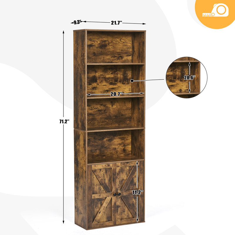 Bibliothèque de rangement avec portes Tiranke, Brun rustique, (6 tablettes) H 71,2 po x l 21,8 po x P 9,3 po