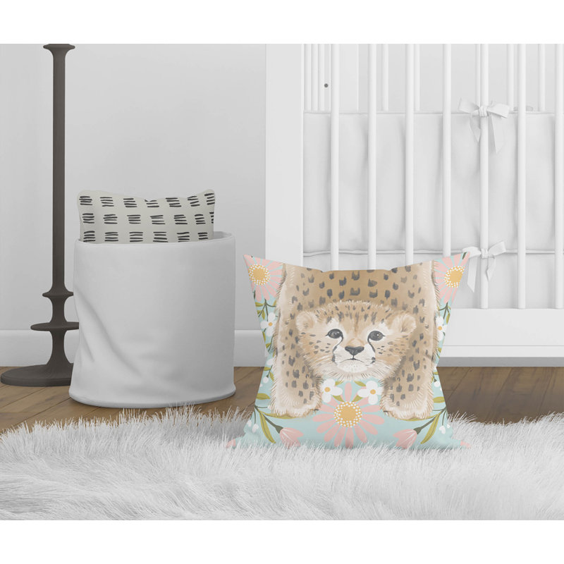 Lil Lying Leopard Flowers Blue Pillow, 16" H x 16" W