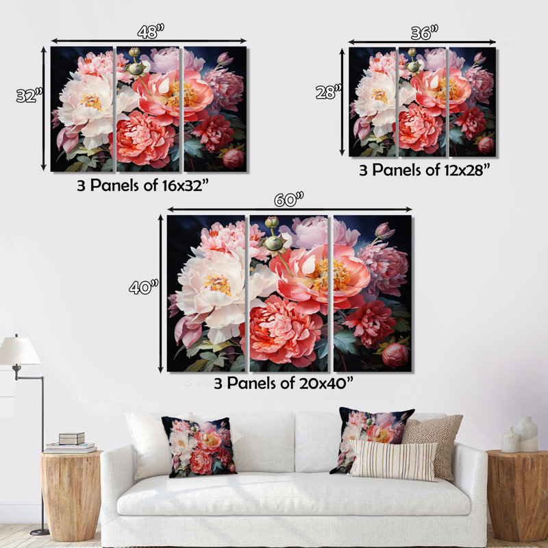 «China Art Peony Bouquet» sur toile, reproduction de 3 pièces, H 40 po x l 60 po x P 1 po