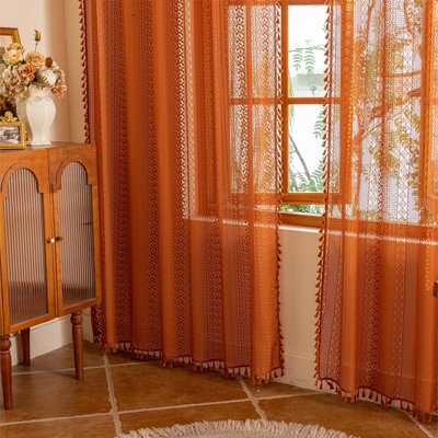 Terracotta Boho Lace Curtains 2 Panels 84 Inches Long for Living Room&Bedroom, Burnt Orange Crochet Privacy Farmhouse Vintage Tassels Retro Halloween Window Sheer Curtains Rod Pocket,50" W
