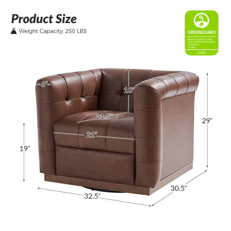 Sonika 32.5" W Genuine Leather Square Swivel Barrel Club Chair with Solid Wood Frame, Brown