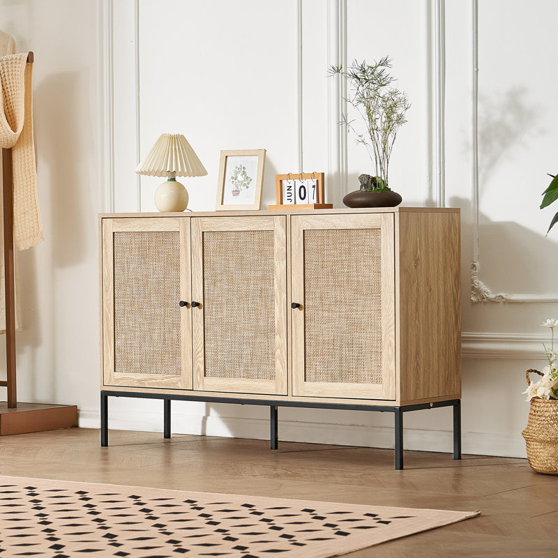 Natural Rattan Cabinet with Adjustable Shelves and Black Legs