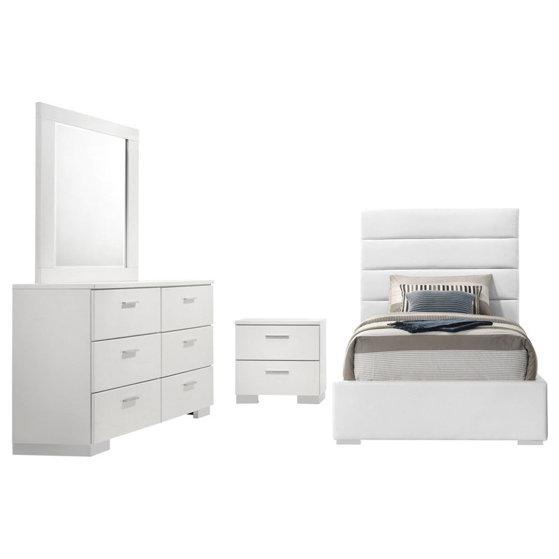Moderne 4 chambres avec lit simple en similicuir blanc avec tête de lit à canal, rangement en bois d'ingénierie ultrabrillant, lit plateforme contemporain à tiroirs spacieux, commode, table de chevet et miroir