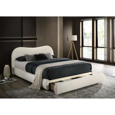 White Boucle Upholstered Queen Bed, Curved Headboard, Storage Drawer, Transitional Bed Style Furniture Bedframe Bedframe, Design, Storage, Modern Bedroom Decor Accent