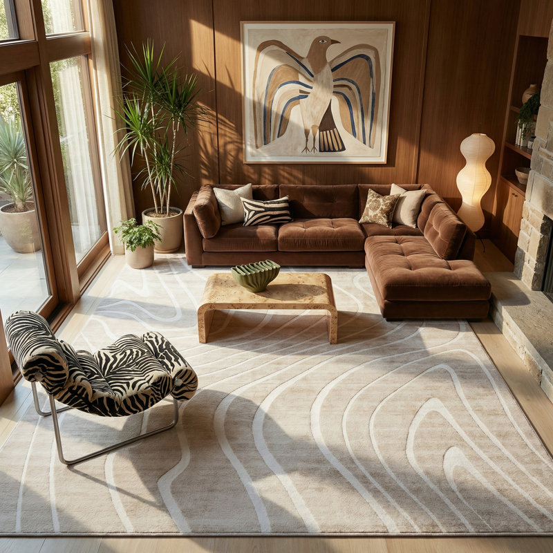 Tapis à lignes abstraites beige / crème 5 pi x 8 pi (5 pi 3 po x 7 pi 7 po) Dune Branch, tapis contemporain, à poils moyens et résistant aux taches