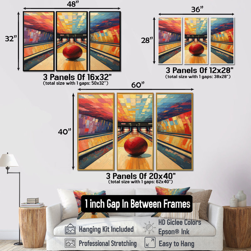 Bowling Alley Nights - Ensemble d'art mural de bowling, H 28 po x l 36 po x P 1 po, Toile avec cadre flottant noir