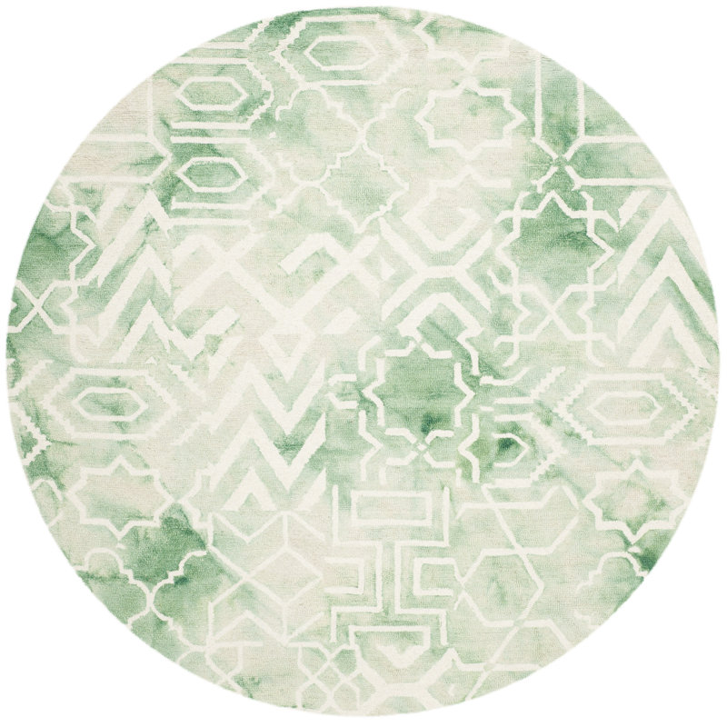 Hallette Hand Tufted Wool/Cotton Geometric Rug in Green, Round 5'