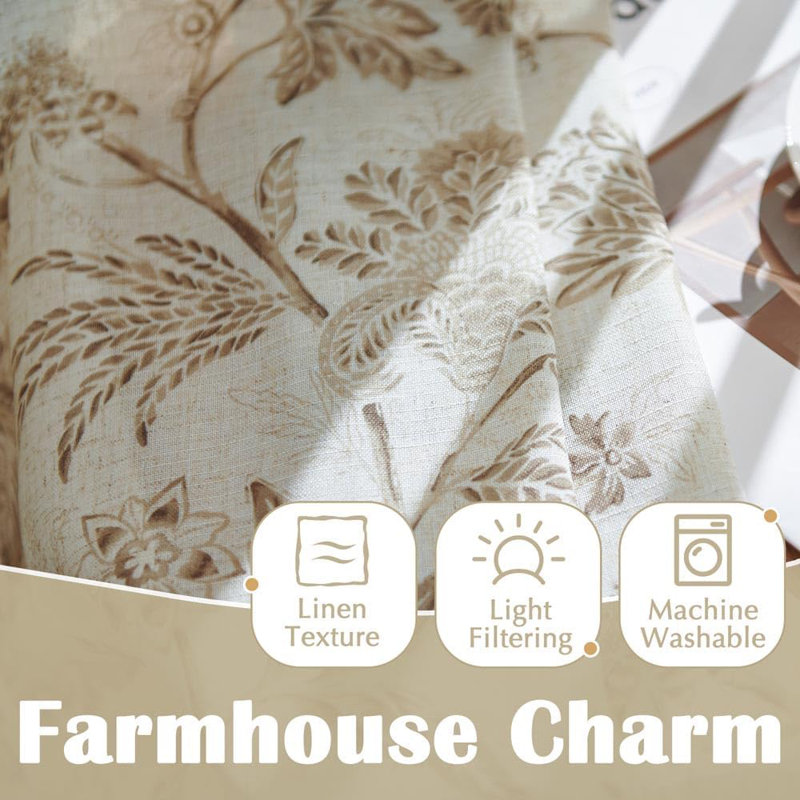 Rideaux en lin à motif floral avec passe-tringle, L 26 po x L 24 po, Tanné