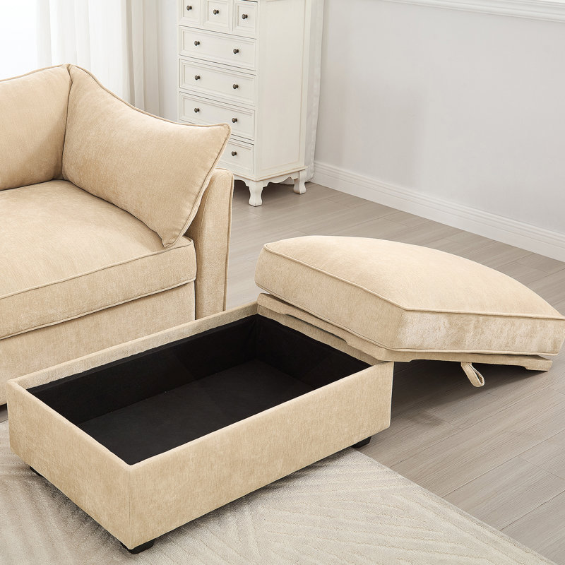 Chenille Upholstered Ottoman With Hidden Storage, For Modern And Space-Efficient Living Rooms, Wheat