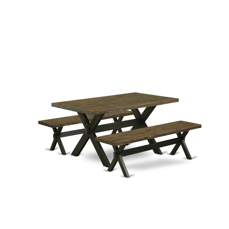 L'ensemble de table de cuisine 3 pièces pour petits espaces comprend une table de salle à manger rectangulaire avec pieds en X et 2 bancs de salle à manger, finition noire brossée