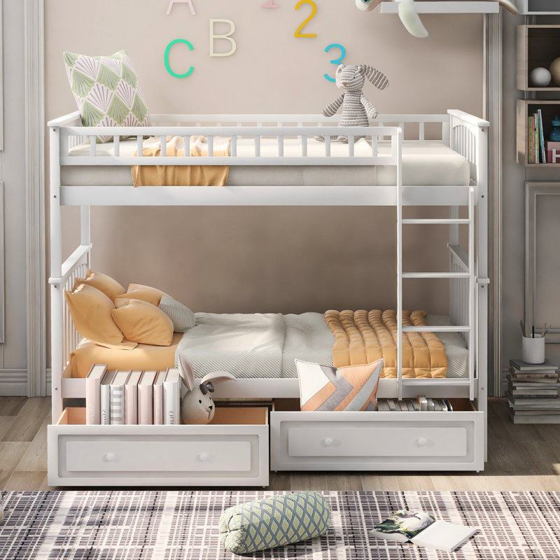 Bunk Bed With Drawers, Full Over Full, White Colour, Convertible, Solid Pine - Strong Wood Construction For, Twin, White