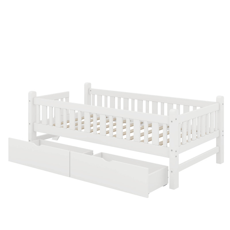 Lit plateforme en bois avec garde-corps et 2 tiroirs, Blanc