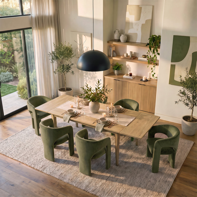Ensemble de table de salle à manger extensible en placage de bois de 63" à 95" avec 6 fauteuils sculpturaux en velours, Green