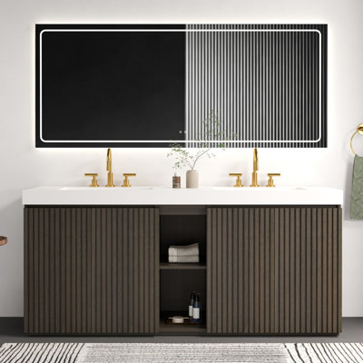 Meuble-lavabo autoportant en chêne fumé 72 po avec évier, grand meuble-lavabo de rangement 72 pi pour salle de bain moderne, lavabo en quartz blanc une pièce sans drain ni robinet