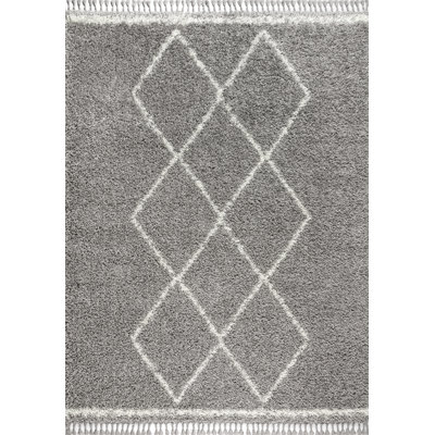Cantera Shag Plush Tassel Moroccan Tribal Geometric Trellis Gray/Cream Rug
