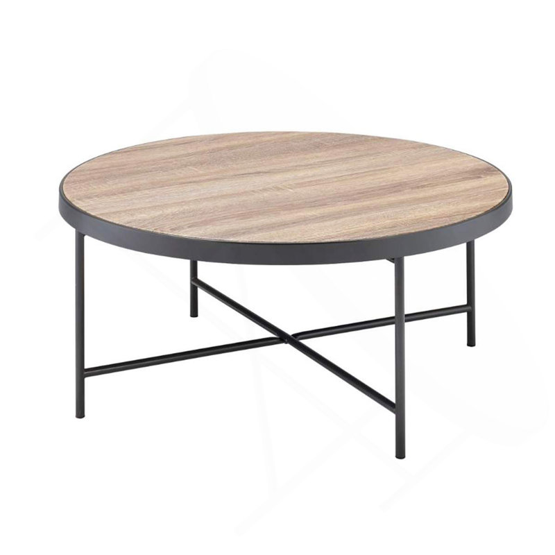 Table basse, plateau rond en bois avec structure en métal, chêne gris vieilli