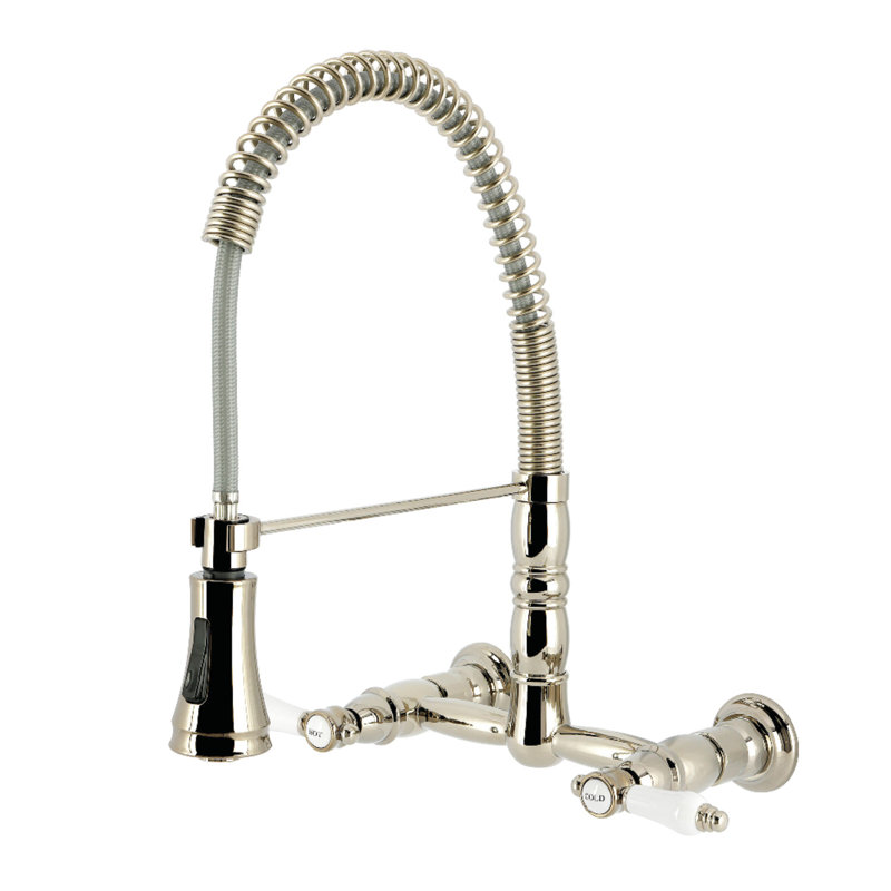 Kingston Brass Bel-Air Double-Handle 2-Hole Wall-Mount Pre-Rinse Bridge Kitchen Faucet, Polished Nickel