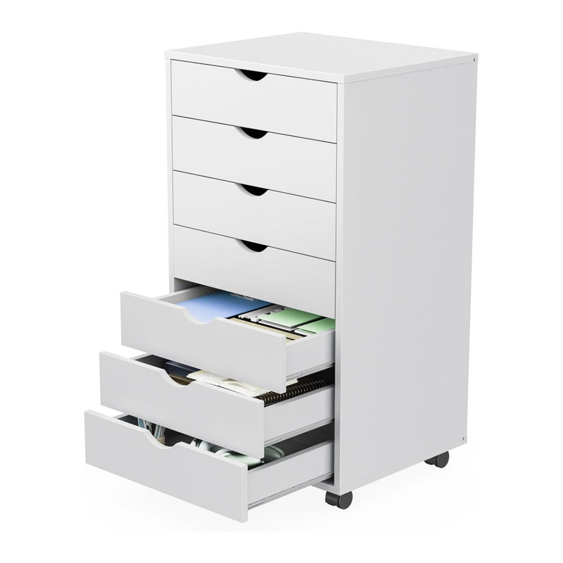 Petite commode en bois à 7 tiroirs avec armoires de rangement et roulettes, Blanc