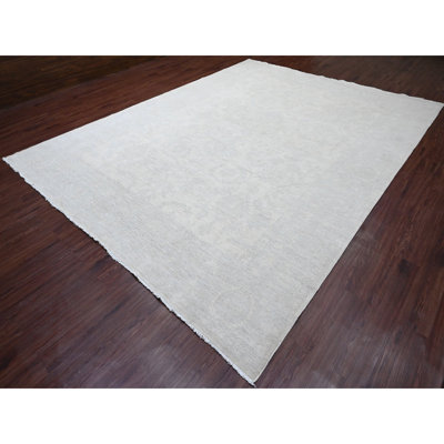 10'x13' Pearl White, Stone Washed Peshawar with All Over Pattern, Hand Knotted, Vegetable Dyes, Pure Wool, Oriental Rug