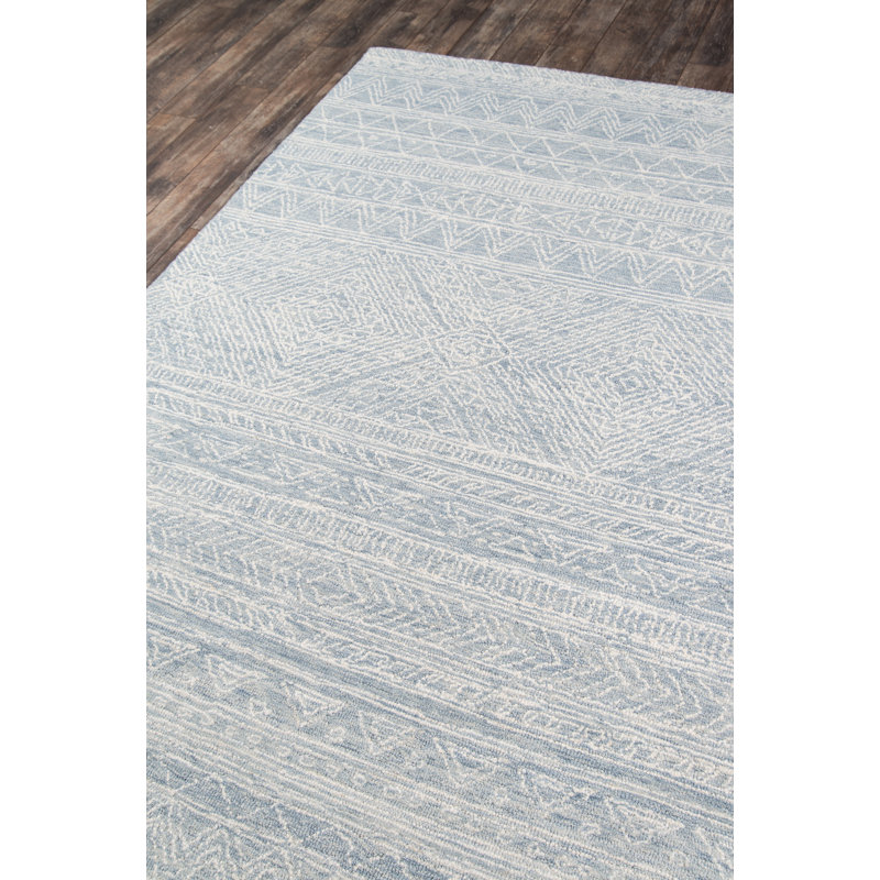 Tapis ivoire / bleu clair en laine bouclé / crocheté à la main Adhley, Tapis de couloir 2 pi x 8 pi