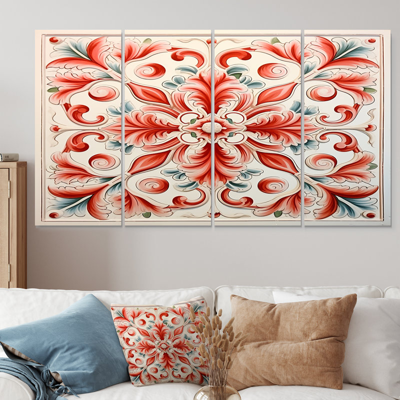 Carreaux de mosaïque floraux ornementaux II - Toile abstraite d'art mural, 4 pièces, H 32 po x l 64 po