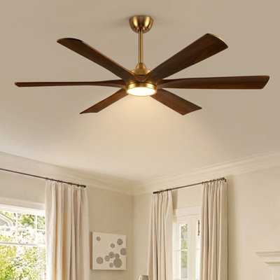 Ventilateur de plafond en bois massif à 6 pales avec finition dorée, contrôle intelligent de l'application, moteur réversible à courant continu, lumière DEL 3 couleurs et fonctionnement silencieux à 6 vitesses (tiges verticales de 6 po / 12 po / 24 po)