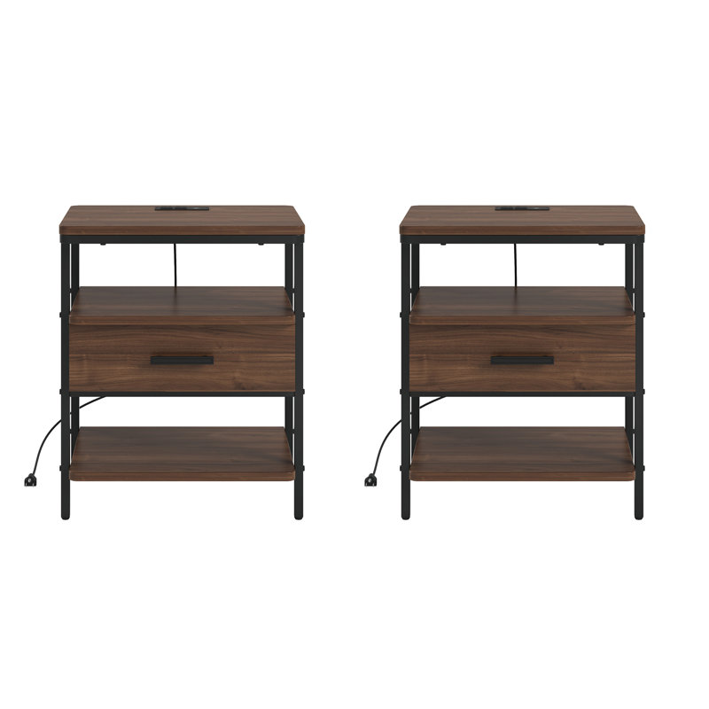 Two Nightstand With Storage, Built-in Outlets, and Drawer for Bedroom and Living Room and Built-in Outlets, Brown