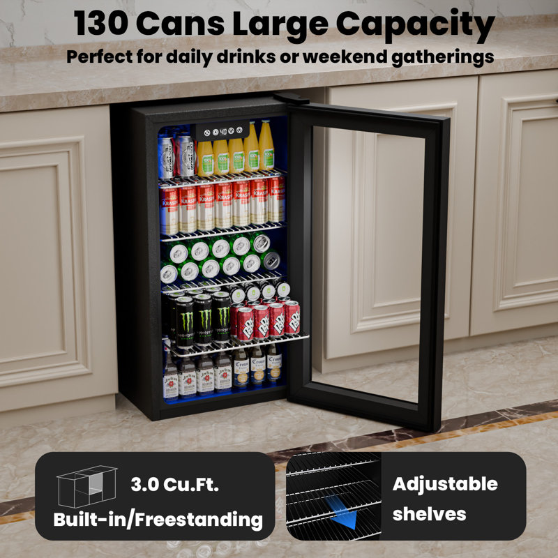 IUDommy 15.4'' W 130 Cans 1.7 Cubic Feet Freestanding/Built-In Wine & Beverage Refrigerator With Glass Door, Black, Black