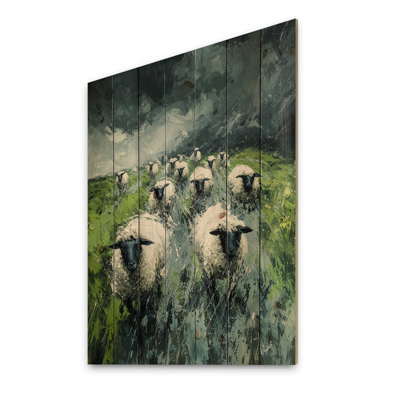 Stormy Pasture Of Sheep II - Impression sur bois de mouton - sur bois de pin naturel, H 40 po x l 30 po x P 0,78 po
