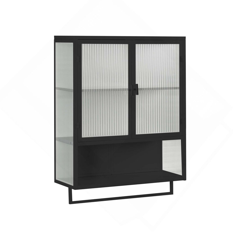 23.62-Inch Modern Double Glass Doors Wall Cabinet With 2-Tier Enclosed Storage, 1 Open Shelf & 1 Towel Rack For Entryway Living Room Bathroom Dining Room