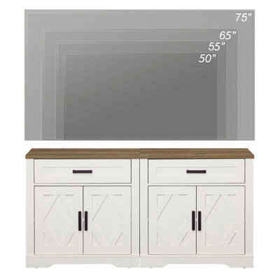 Glenford 63"W Large Modern Farmhouse Office Storage Cabinet With Barn Doors & Drawers, Scratch-Resistant Tree Bark Finish