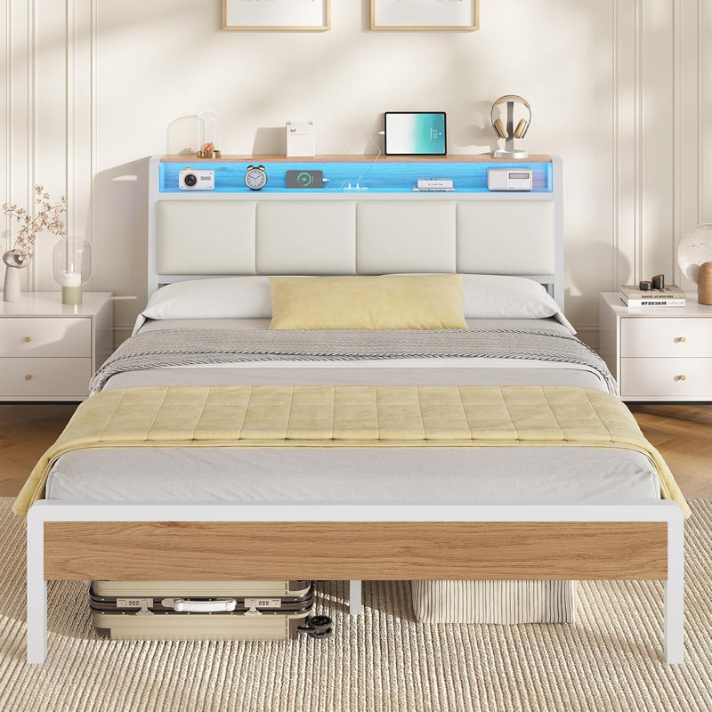 Double Bed Frame 135 cm with LED Light, Noise Free, No Box Spring Required, Easy Assembly, White