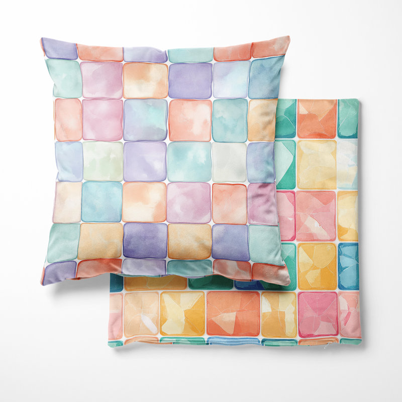 Carreaux de bulles pastel jaune et bleu - Coussin décoratif imprimé patchwork 2 pièces, H 16 po x l 16 po