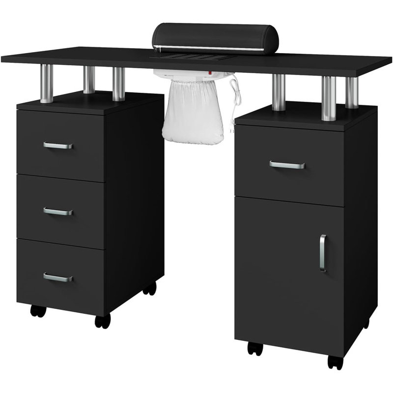 Table manucure pour clou de bureau pour la technologie, station de table à clou avec collecteur de poussière électrique, rangement pour salon de beauté avec roues verrouillables, 4 tiroirs et 1 armoire