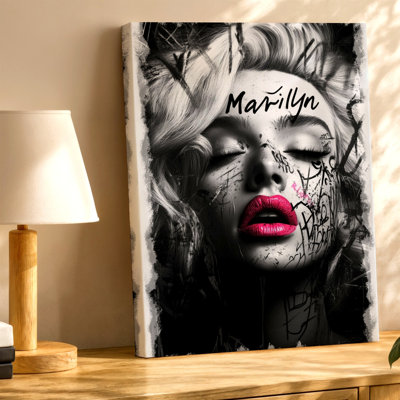 Noir et blanc, portrait de femme, lèvres roses, style Graffiti, reproduction d'art sur toile