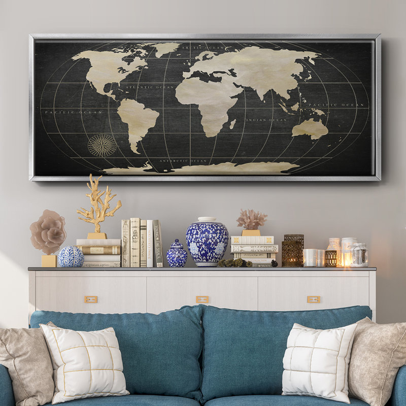 Carte du monde rétro - reproduction de cadre flottant sur toile, H 8 po x l 20 po x P 1,5 po, Argent