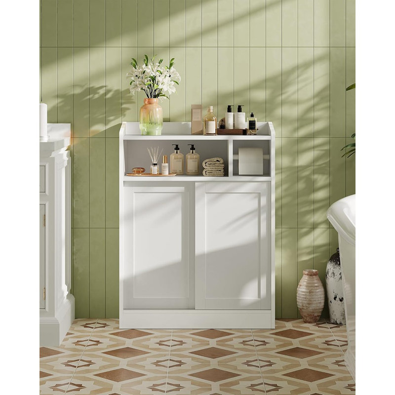 Armoire de salle de bain Slim White - Organisateur de rangement avec portes coulissantes, tablette réglable et porte-papier hygiénique